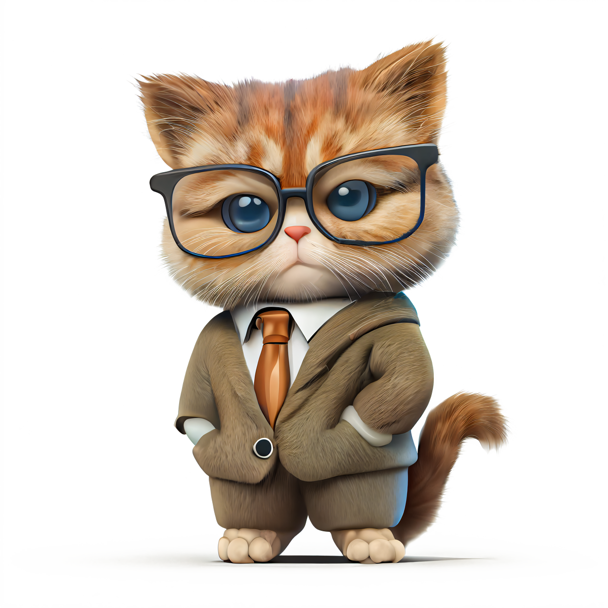 cute fluffy cat with glasses and a winter jacket boy , hipster student or teacher , 3d illustration isolate